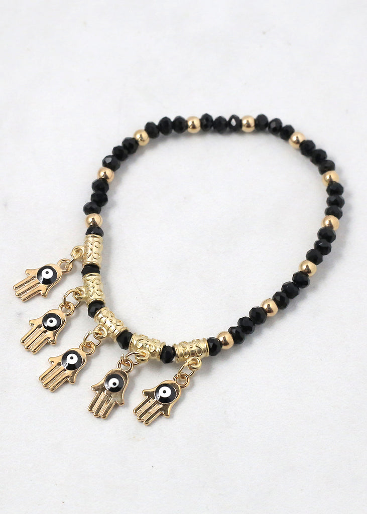 Beaded Hamsa Hand + Evil Eye Bracelet Gold/Black JEWELRY - Shop Miss A