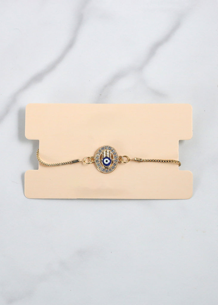 Hamsa Hand Bracelet Gold/Blue JEWELRY - Shop Miss A