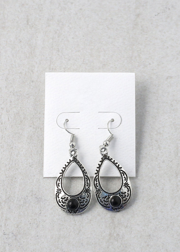 Open Oval Gemstone Drop Earring Black JEWELRY - Shop Miss A