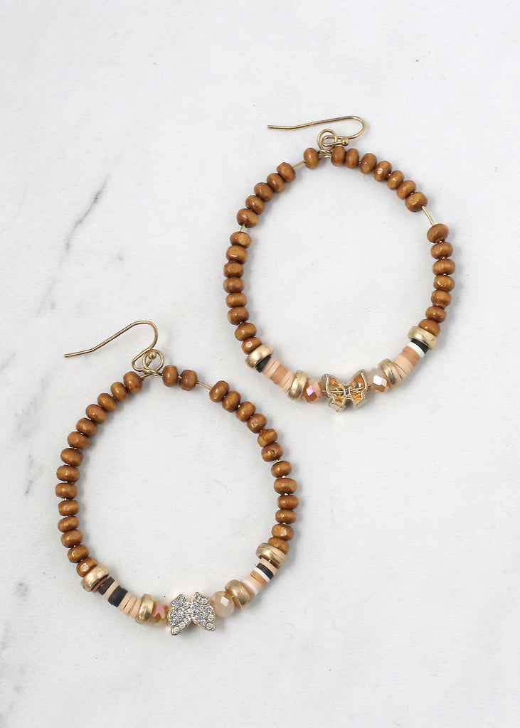 Beaded Hoops with Butterfly Gold/Light Brown JEWELRY - Shop Miss A