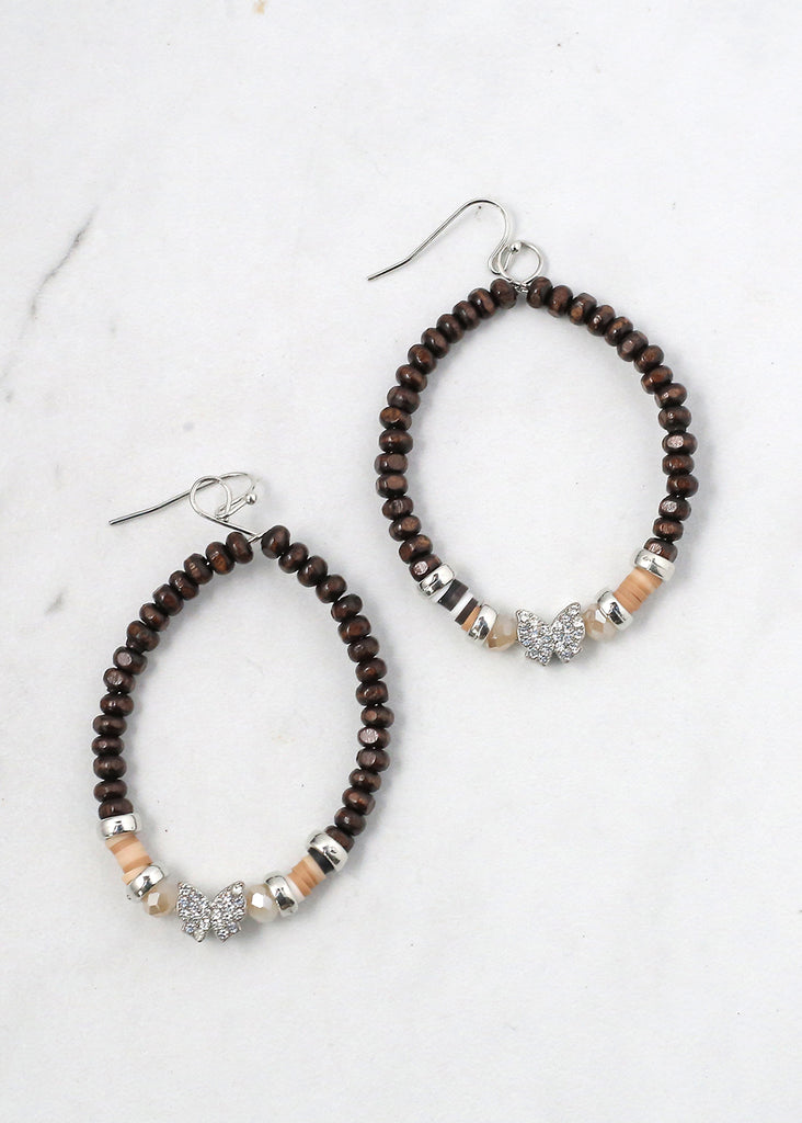 Beaded Hoops with Butterfly Silver/Brown JEWELRY - Shop Miss A