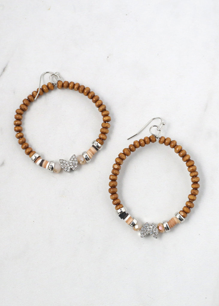 Beaded Hoops with Butterfly Silver/Light Brown JEWELRY - Shop Miss A