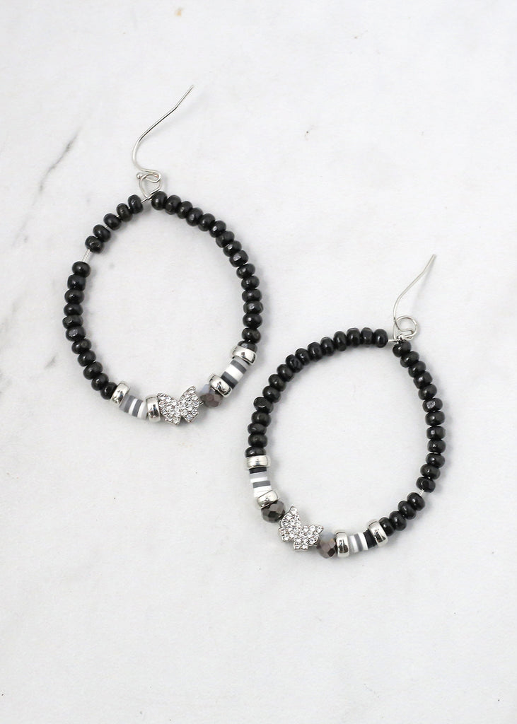 Beaded Hoops with Butterfly Silver/Black JEWELRY - Shop Miss A