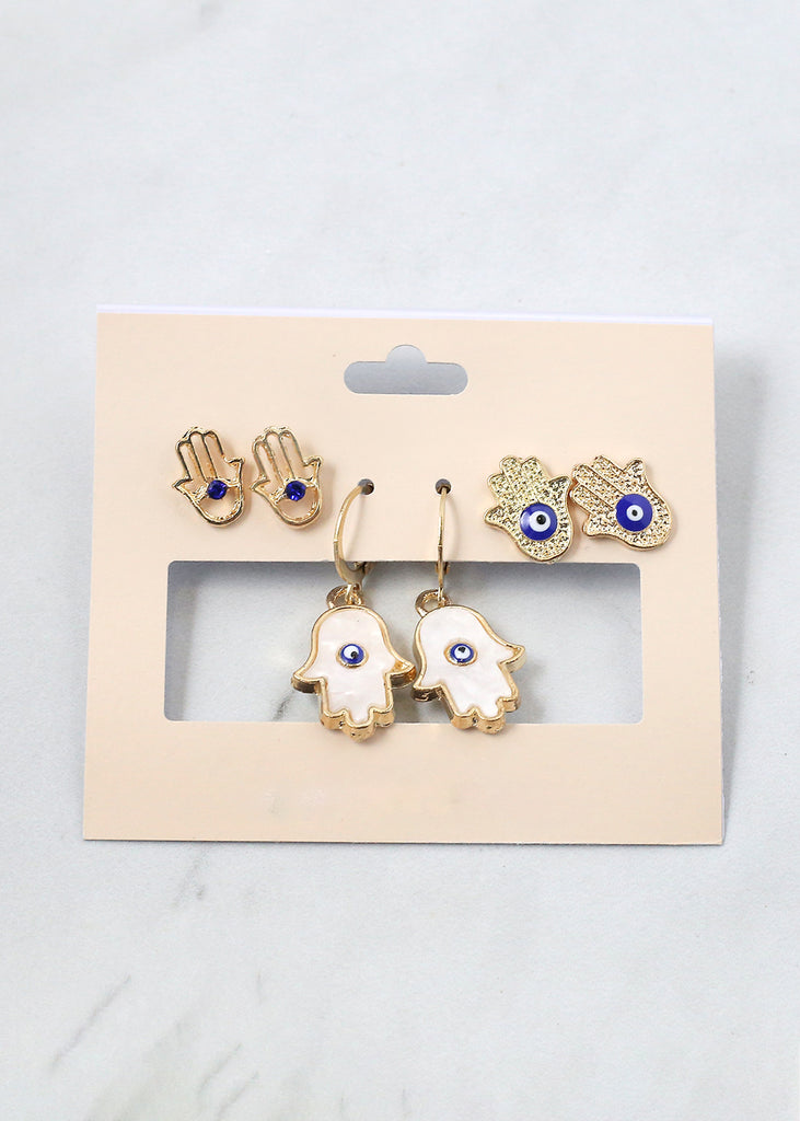 3 Pair Hamsa Hand + Evil Eye Earrings Gold/Blue JEWELRY - Shop Miss A