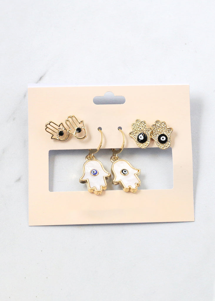 3 Pair Hamsa Hand + Evil Eye Earrings Gold/Black JEWELRY - Shop Miss A