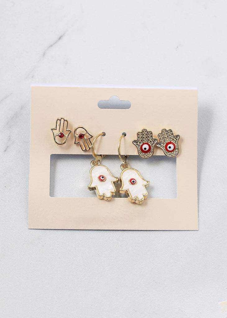 3 Pair Hamsa Hand + Evil Eye Earrings Gold/Red JEWELRY - Shop Miss A