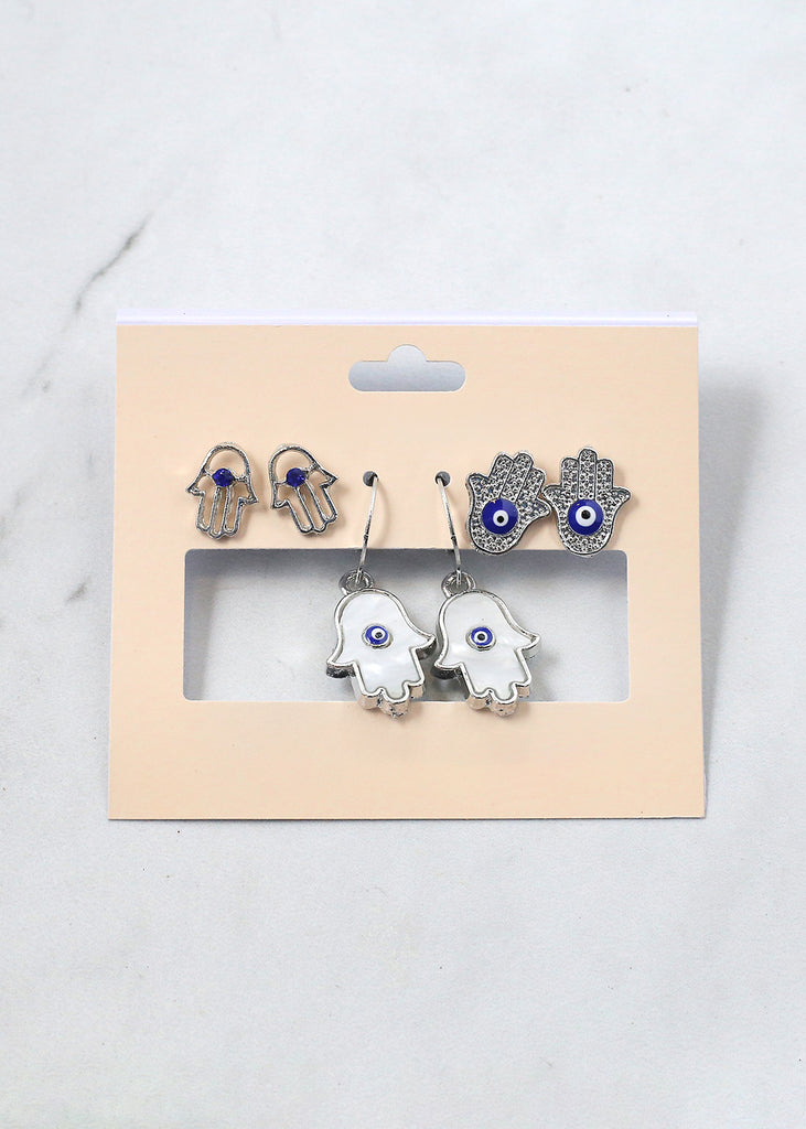 3 Pair Hamsa Hand + Evil Eye Earrings Silver/Blue JEWELRY - Shop Miss A