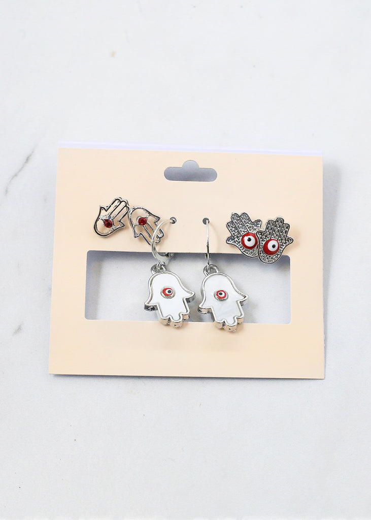 3 Pair Hamsa Hand + Evil Eye Earrings Silver/Red JEWELRY - Shop Miss A