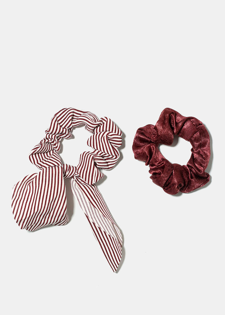 2-Piece Striped Bow Scrunchies Maroon HAIR - Shop Miss A