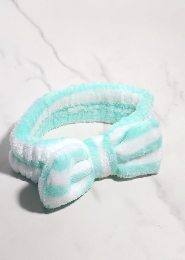 Fuzzy Striped Bow Spa Headband Teal HAIR - Shop Miss A