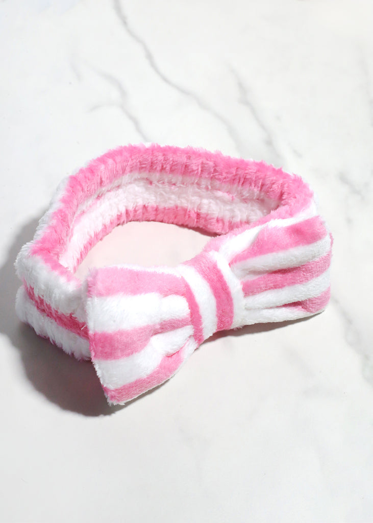 Fuzzy Striped Bow Spa Headband Dark Pink HAIR - Shop Miss A