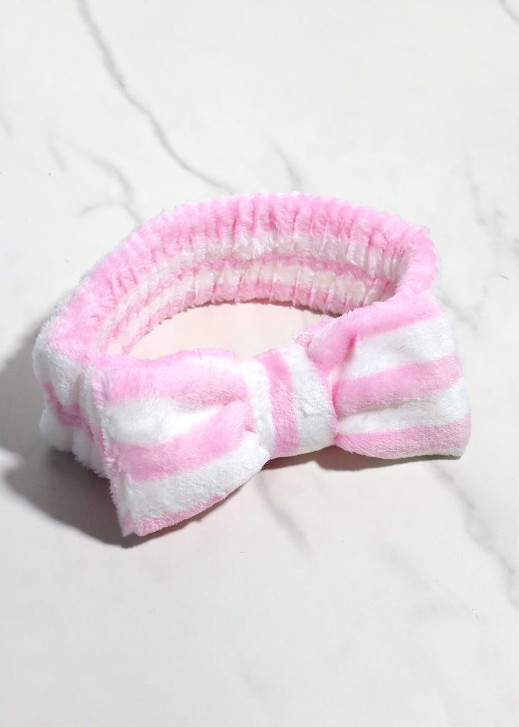 Fuzzy Striped Bow Spa Headband Pink HAIR - Shop Miss A