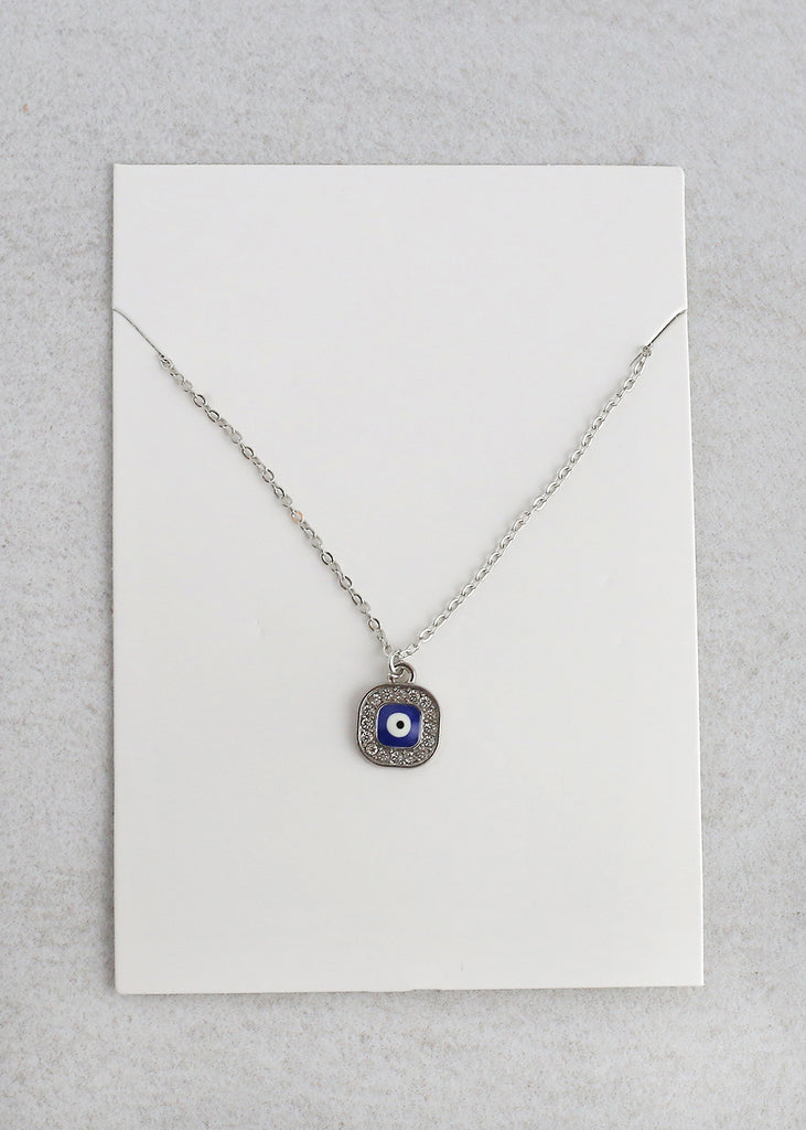 Square Evil Eye Charm Necklace Silver JEWELRY - Shop Miss A