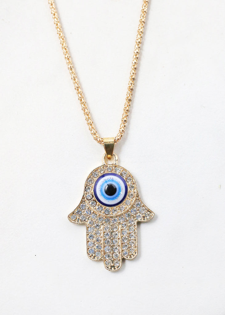 Rhinestone Hamsa Hand Necklace Gold JEWELRY - Shop Miss A