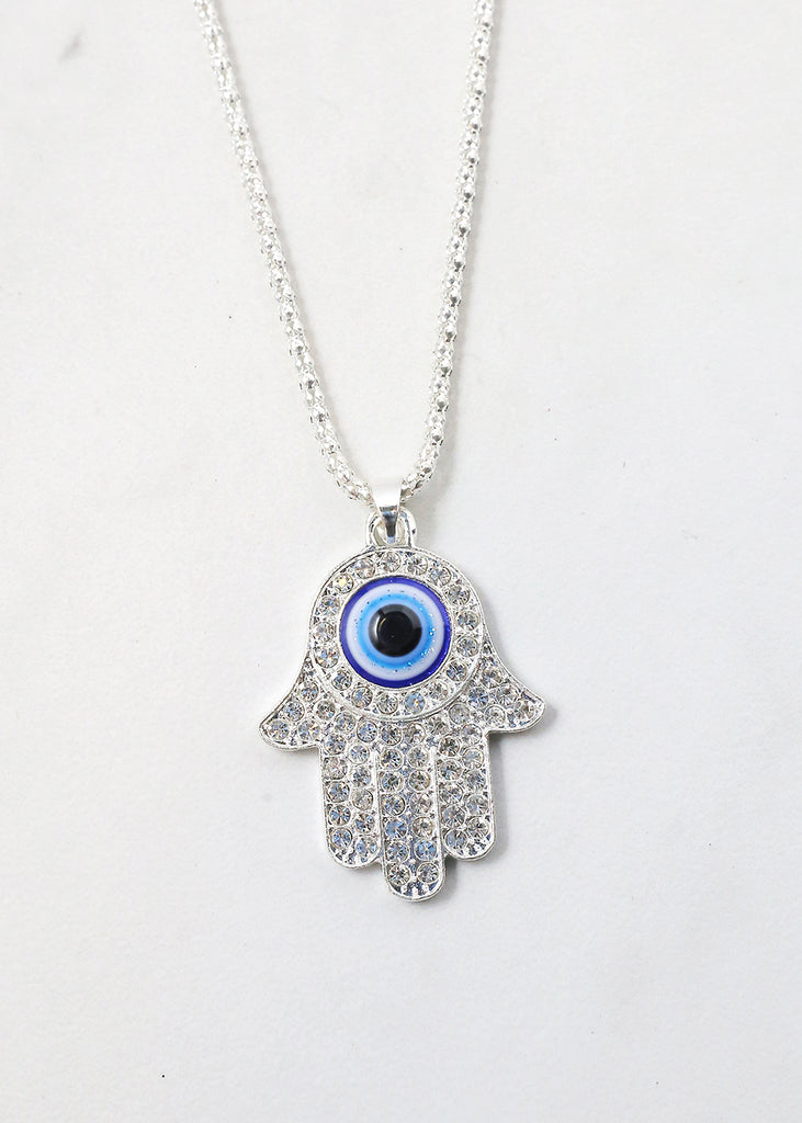 Rhinestone Hamsa Hand Necklace Silver JEWELRY - Shop Miss A