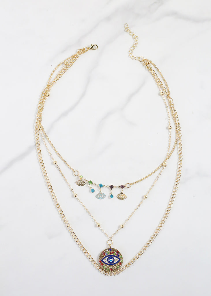 Evil Eye 3-Layered Necklace Gold/Blue JEWELRY - Shop Miss A