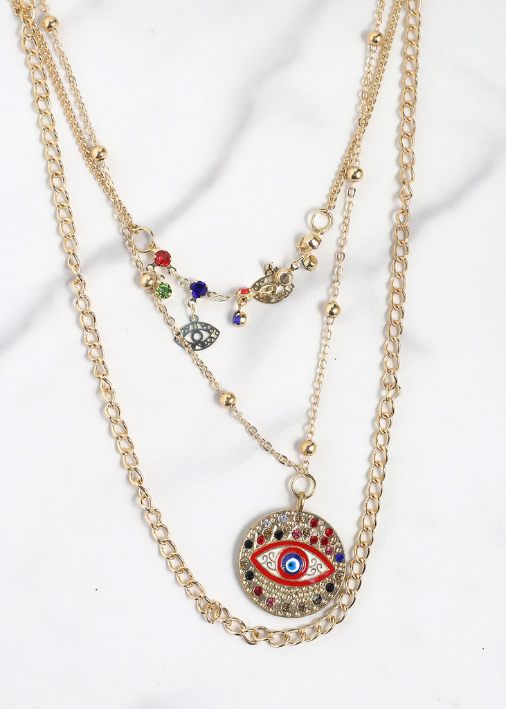 Evil Eye 3-Layered Necklace Gold/Red JEWELRY - Shop Miss A