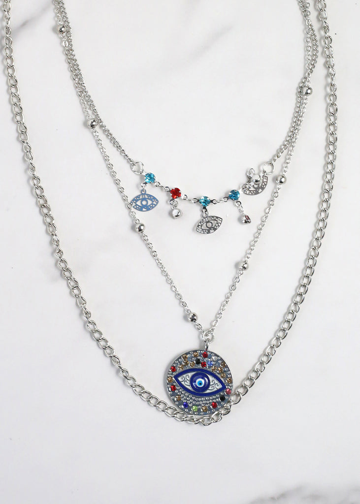 Evil Eye 3-Layered Necklace Silver/Blue JEWELRY - Shop Miss A