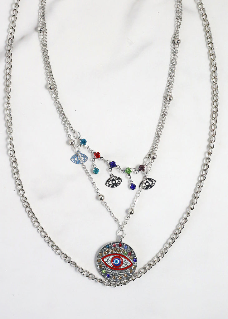 Evil Eye 3-Layered Necklace Silver/Red JEWELRY - Shop Miss A