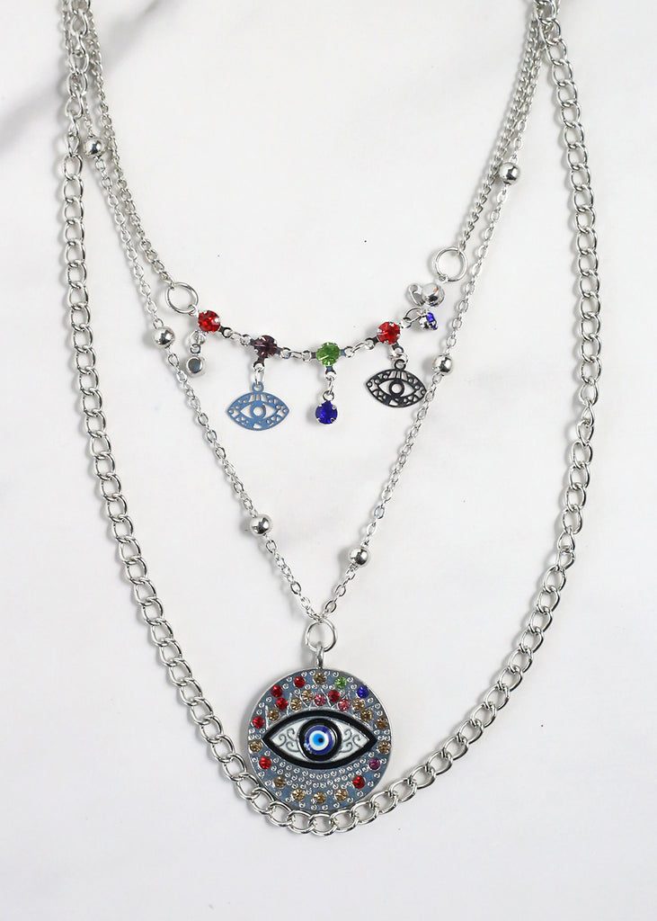 Evil Eye 3-Layered Necklace Silver/Black JEWELRY - Shop Miss A