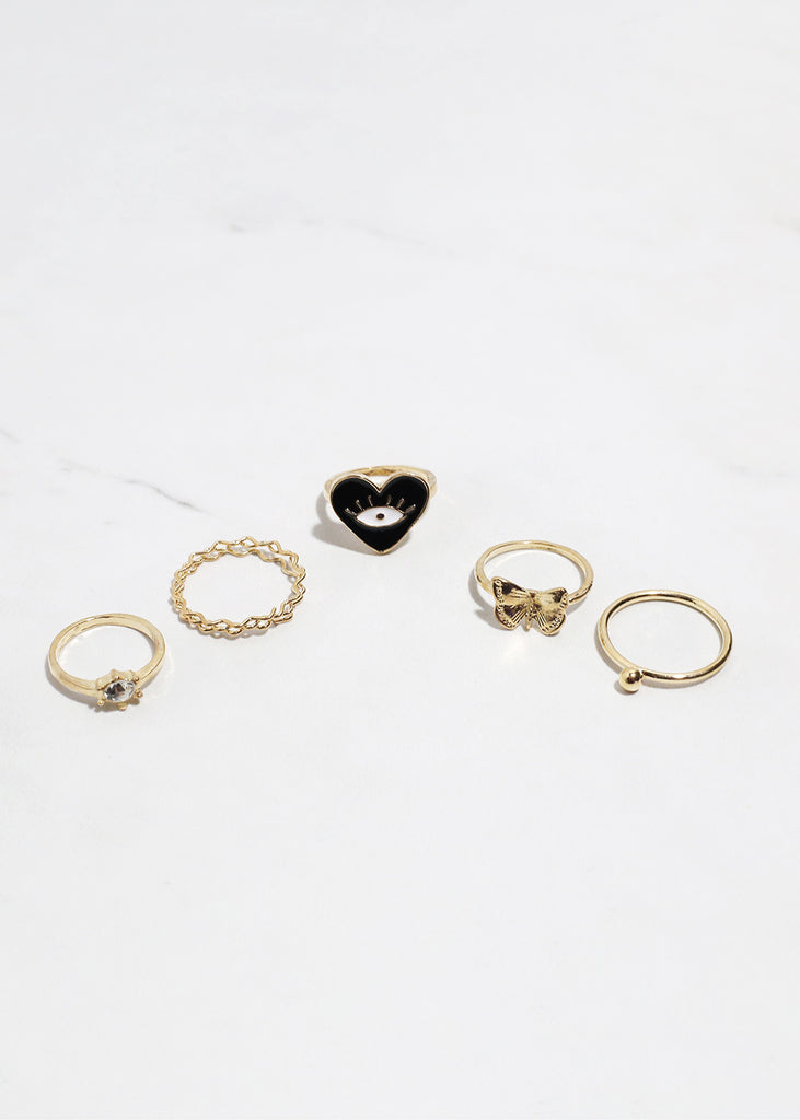 5-Piece Heart + Evil Eye Ring Set Gold/Black JEWELRY - Shop Miss A