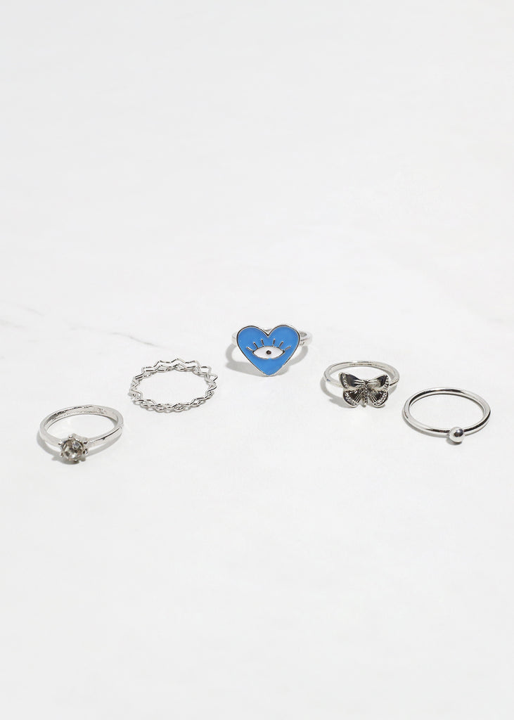 5-Piece Heart + Evil Eye Ring Set Silver/Blue JEWELRY - Shop Miss A