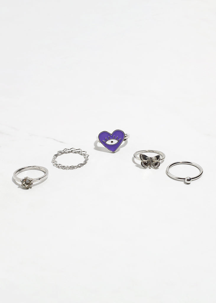 5-Piece Heart + Evil Eye Ring Set Silver/Purple JEWELRY - Shop Miss A