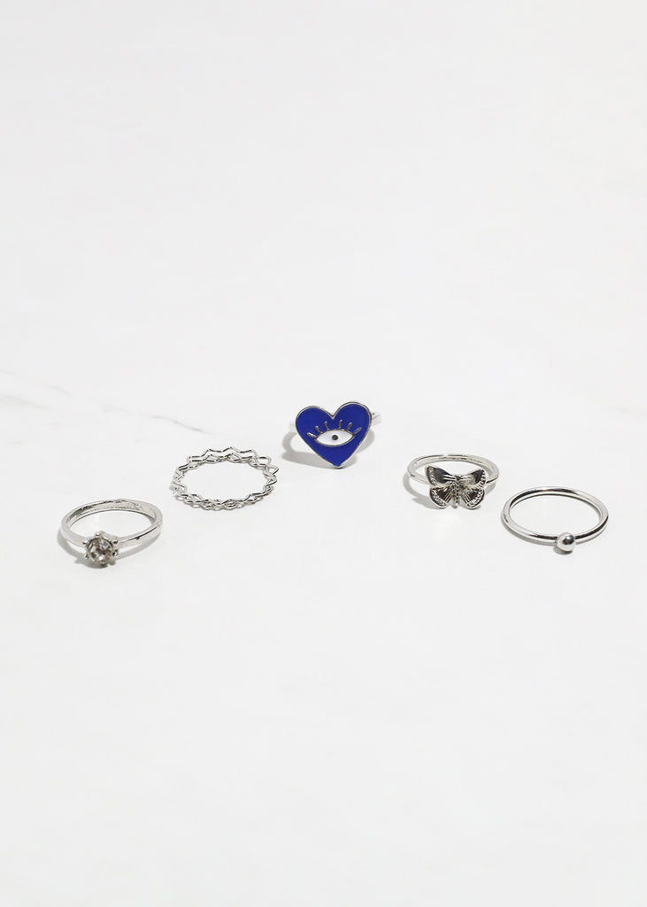 5-Piece Heart + Evil Eye Ring Set Silver/Navy JEWELRY - Shop Miss A