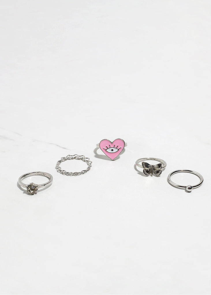 5-Piece Heart + Evil Eye Ring Set Silver/Pink JEWELRY - Shop Miss A