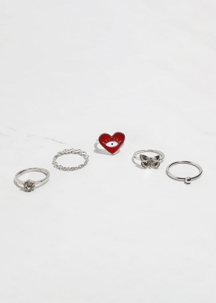 5-Piece Heart + Evil Eye Ring Set Silver/Red JEWELRY - Shop Miss A