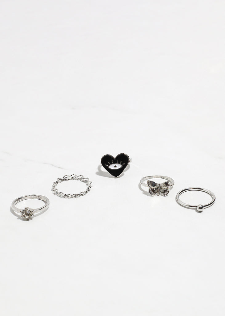 5-Piece Heart + Evil Eye Ring Set Silver/Black JEWELRY - Shop Miss A