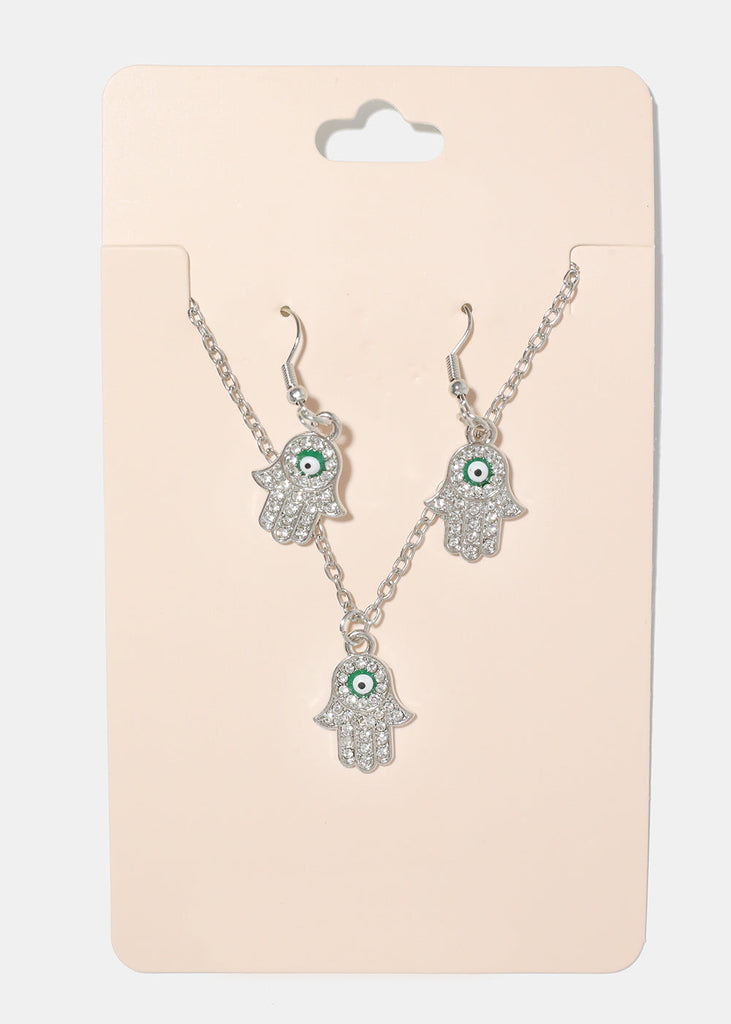 Hamsa Hand Necklace & Earring Set green/silver JEWELRY - Shop Miss A